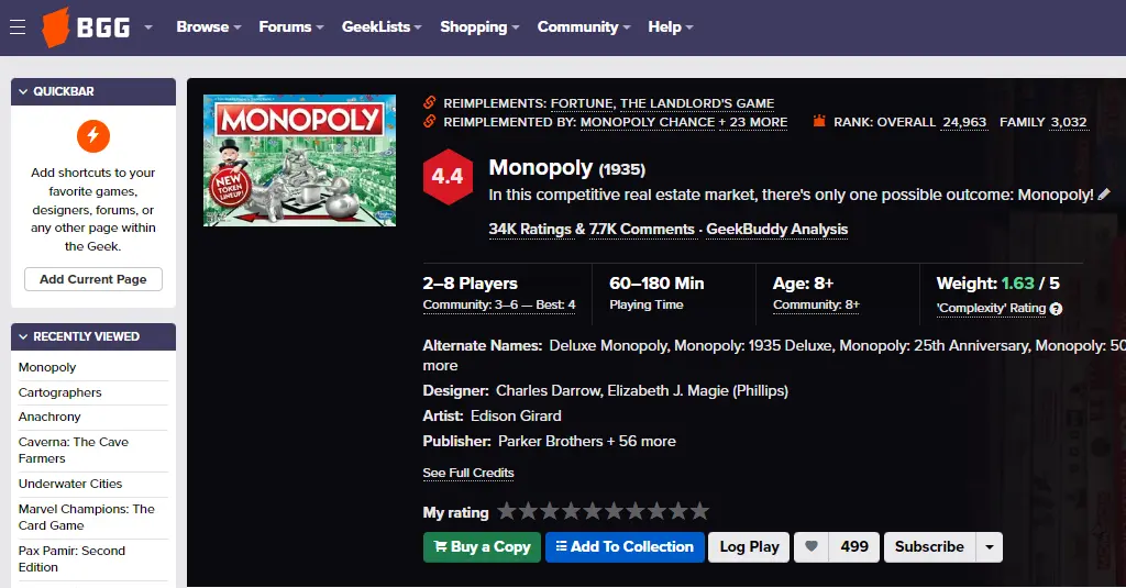 Board Game Geek profile of Monopoly